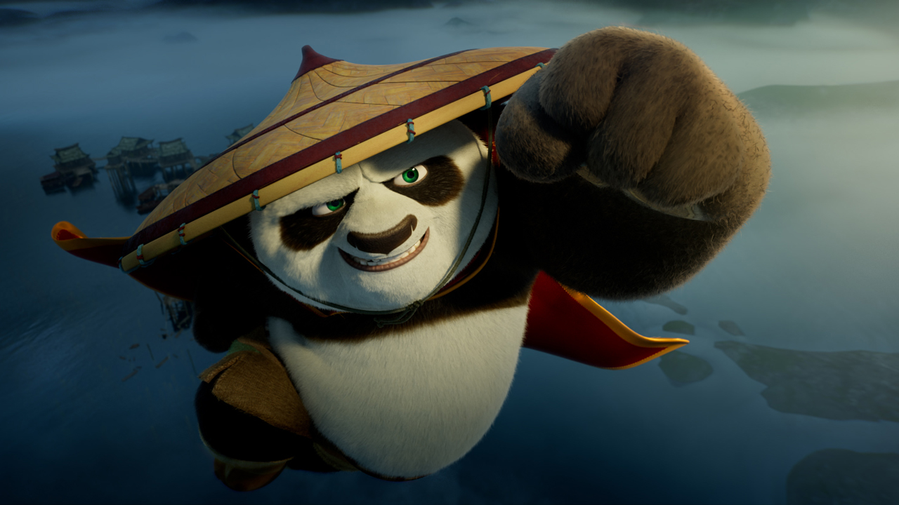 Kung Fu Panda flying in Kung Fu Panda 4