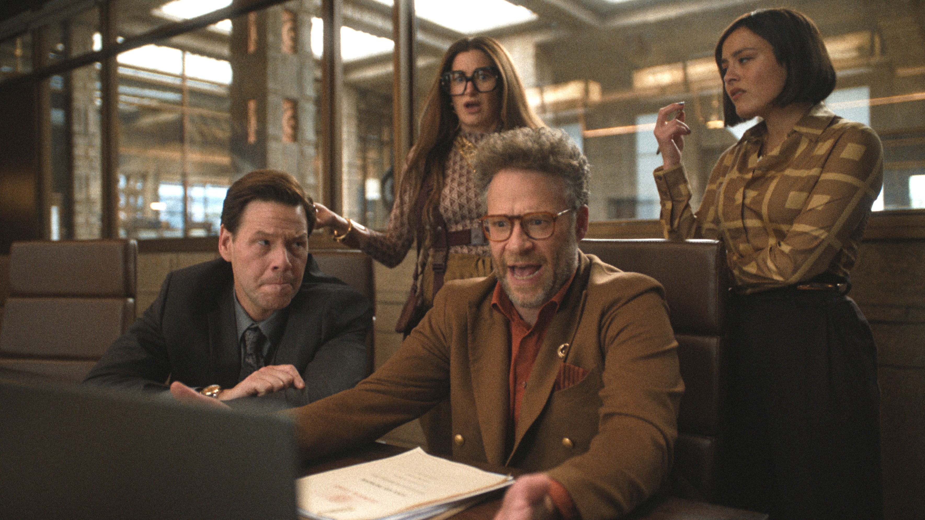Ike Barinholtz, Kathryn Hahn, Chase Sui Wonders and Seth Rogen in &quot;The Studio,&quot; episode 1, on Apple TV Plus.
