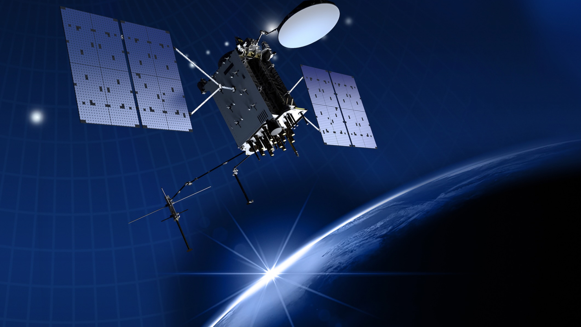 Artist&#039;s illustration of a U.S. GPS satellite, an increasingly frequent target for jamming, in orbit around Earth.
