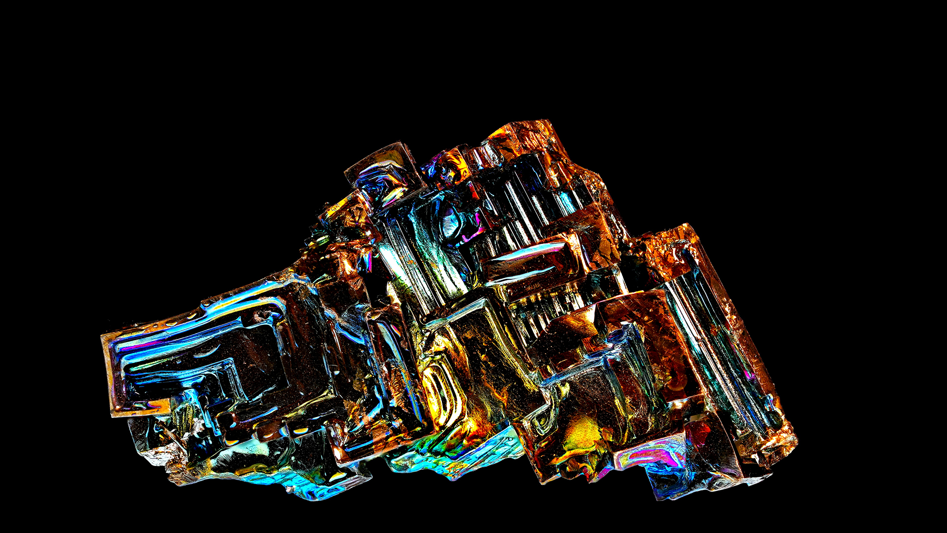 Mineral bismuth close-up, full size image above 4K.