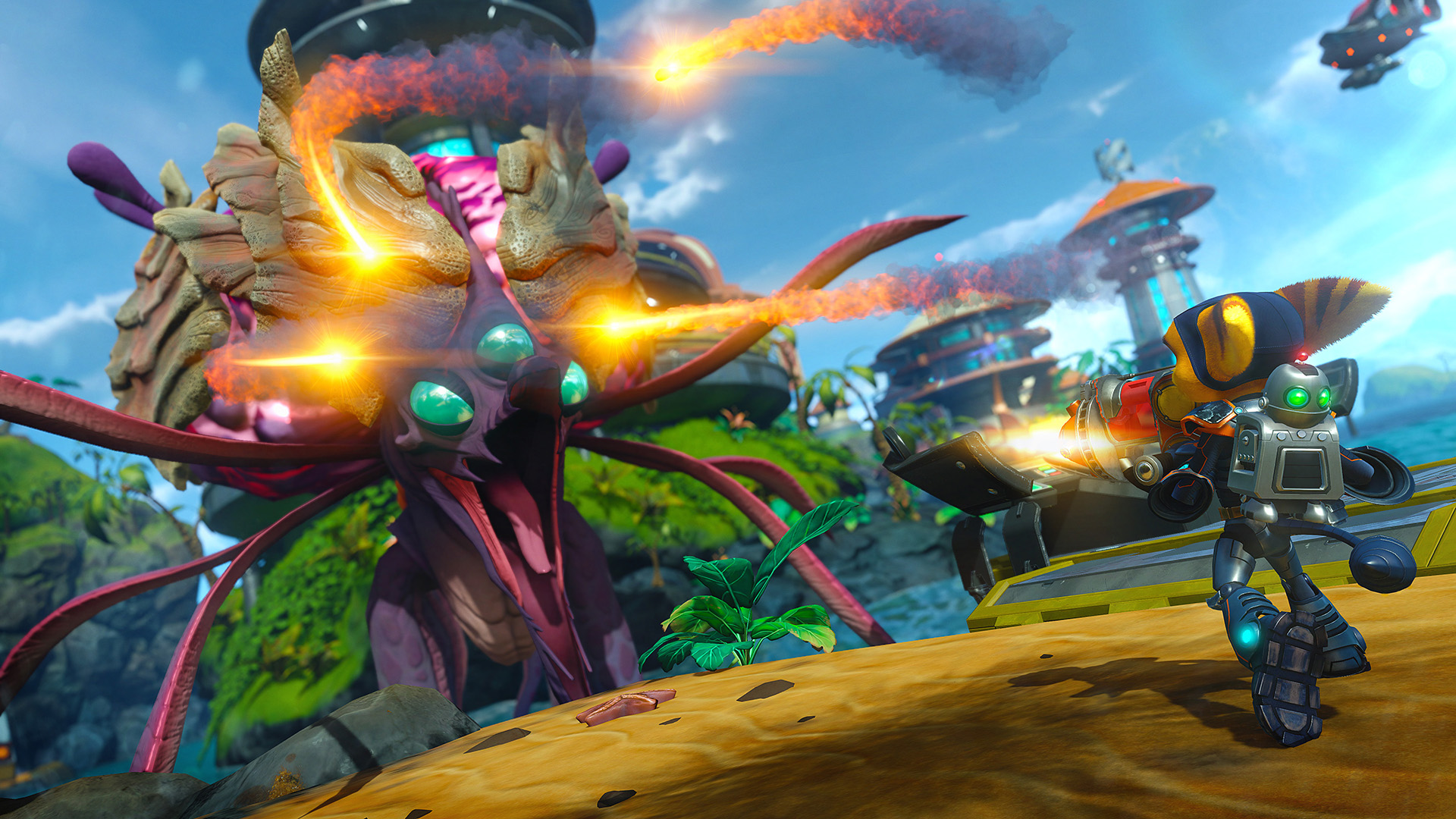 Ratchet and Clank approaching and firing at a large squid enemy