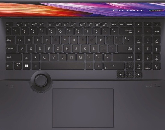 The ProArt Studiobook 16 OLED's keyboard and Asus Dial