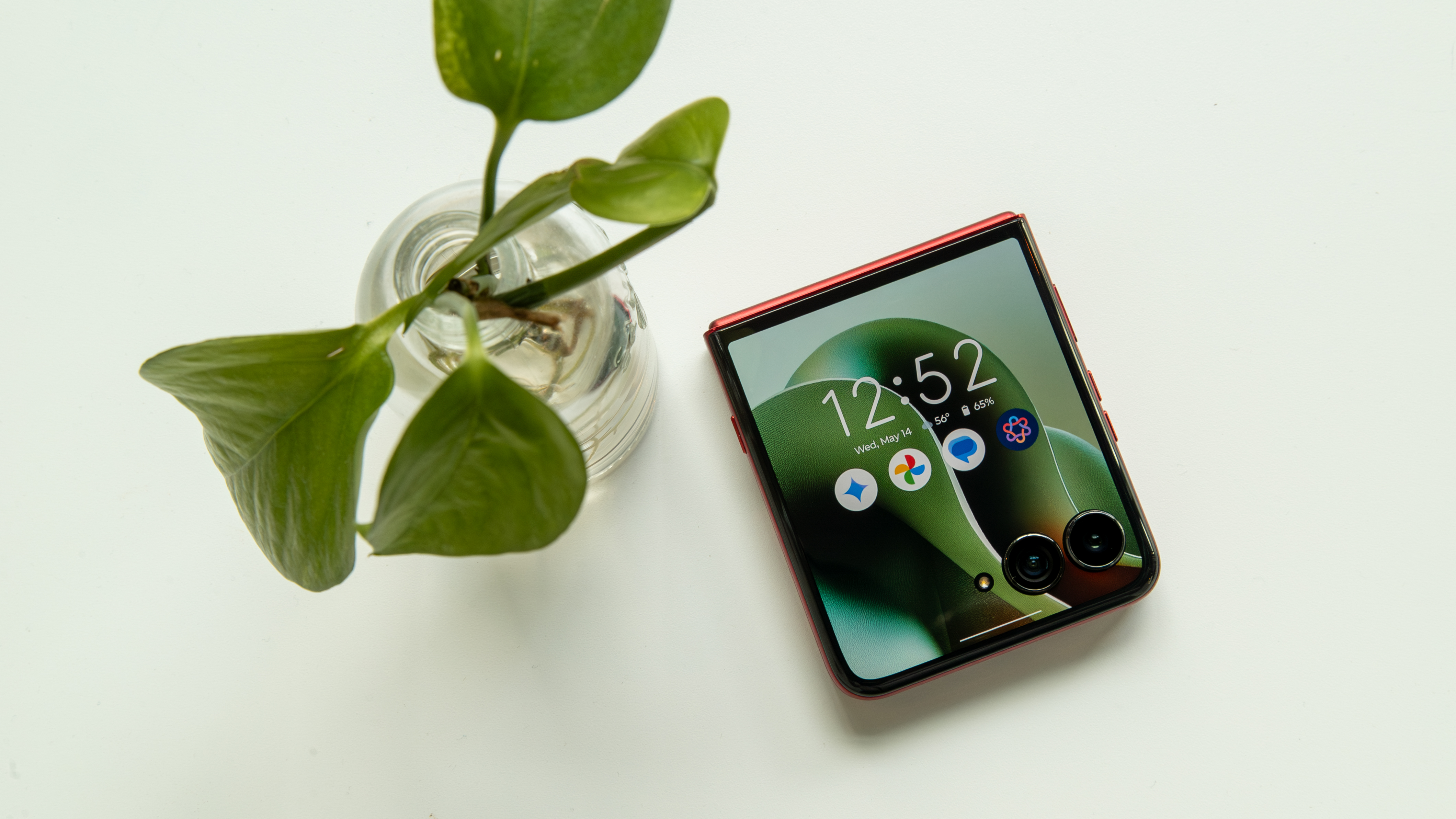 The Razr Ultra 2025 on table next to a plant
