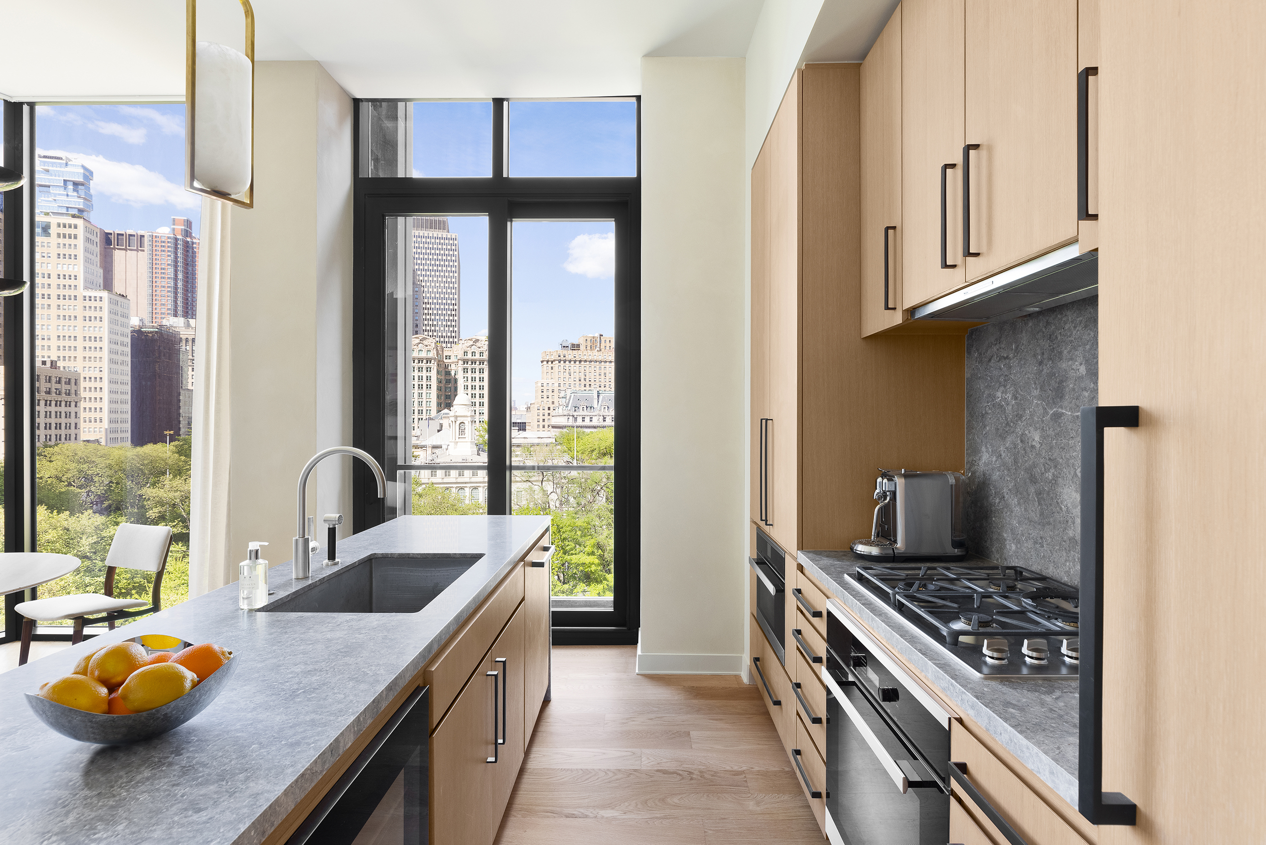 Kitchen looking out at apartment