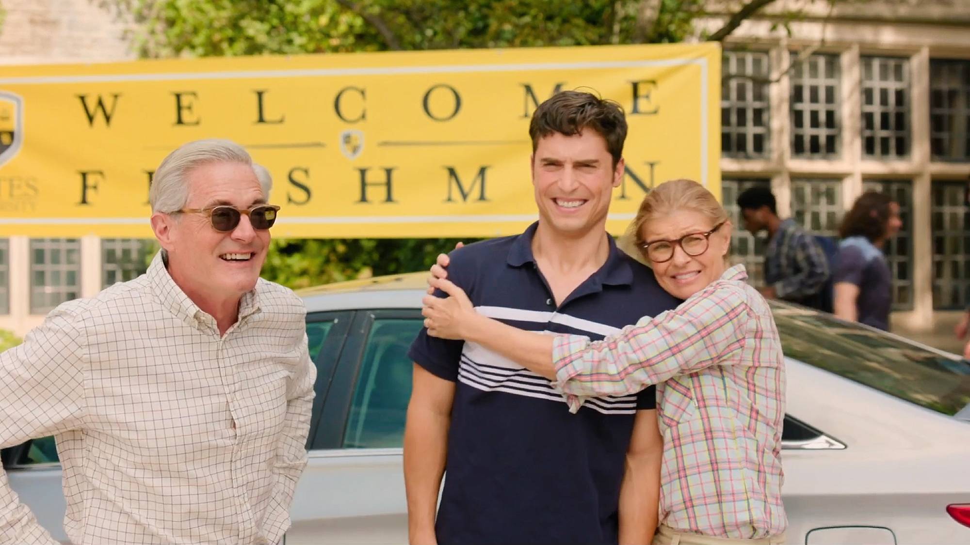 Kyle MacLachlan, Benny (Benito Skinner), and Connie Britton in &quot;Overcompensating&quot; on Prime Video