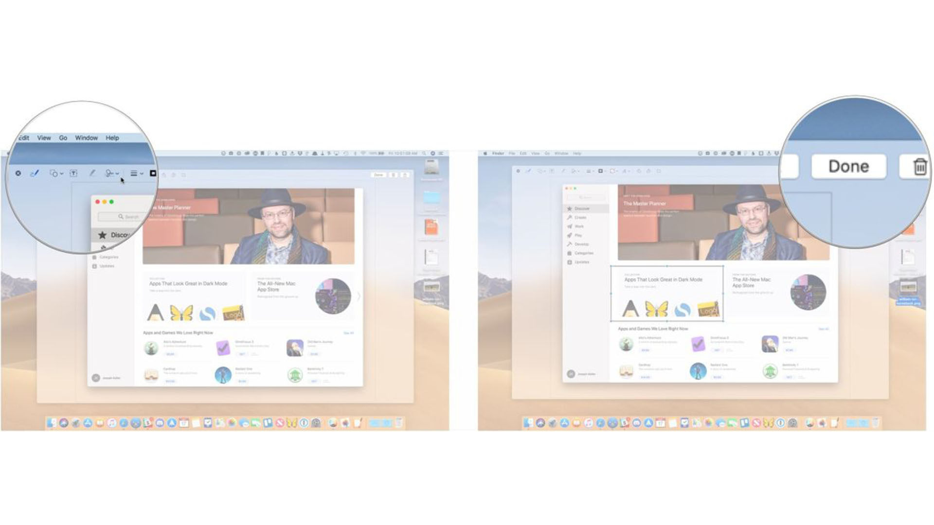 To edit a screenshot on Mac, Use toolbar, click Done