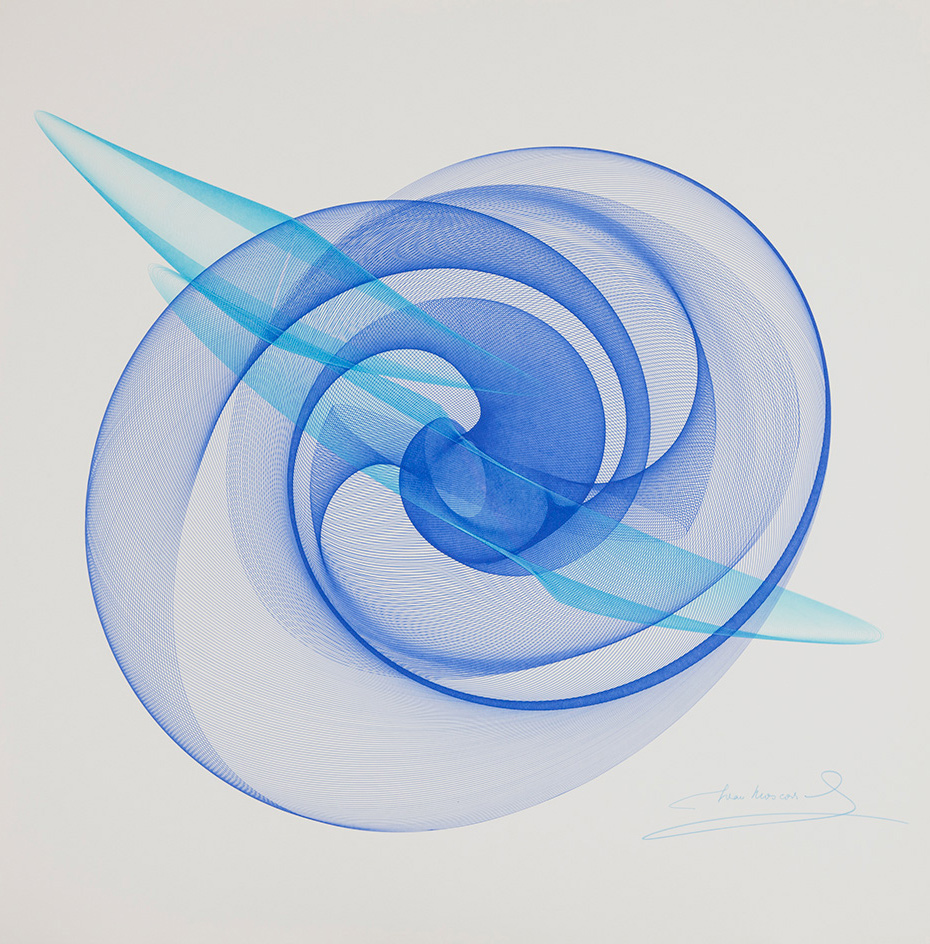 Hungarian artist Ivan Moscovich’s signature harmonograms in various shades of blue on a white background