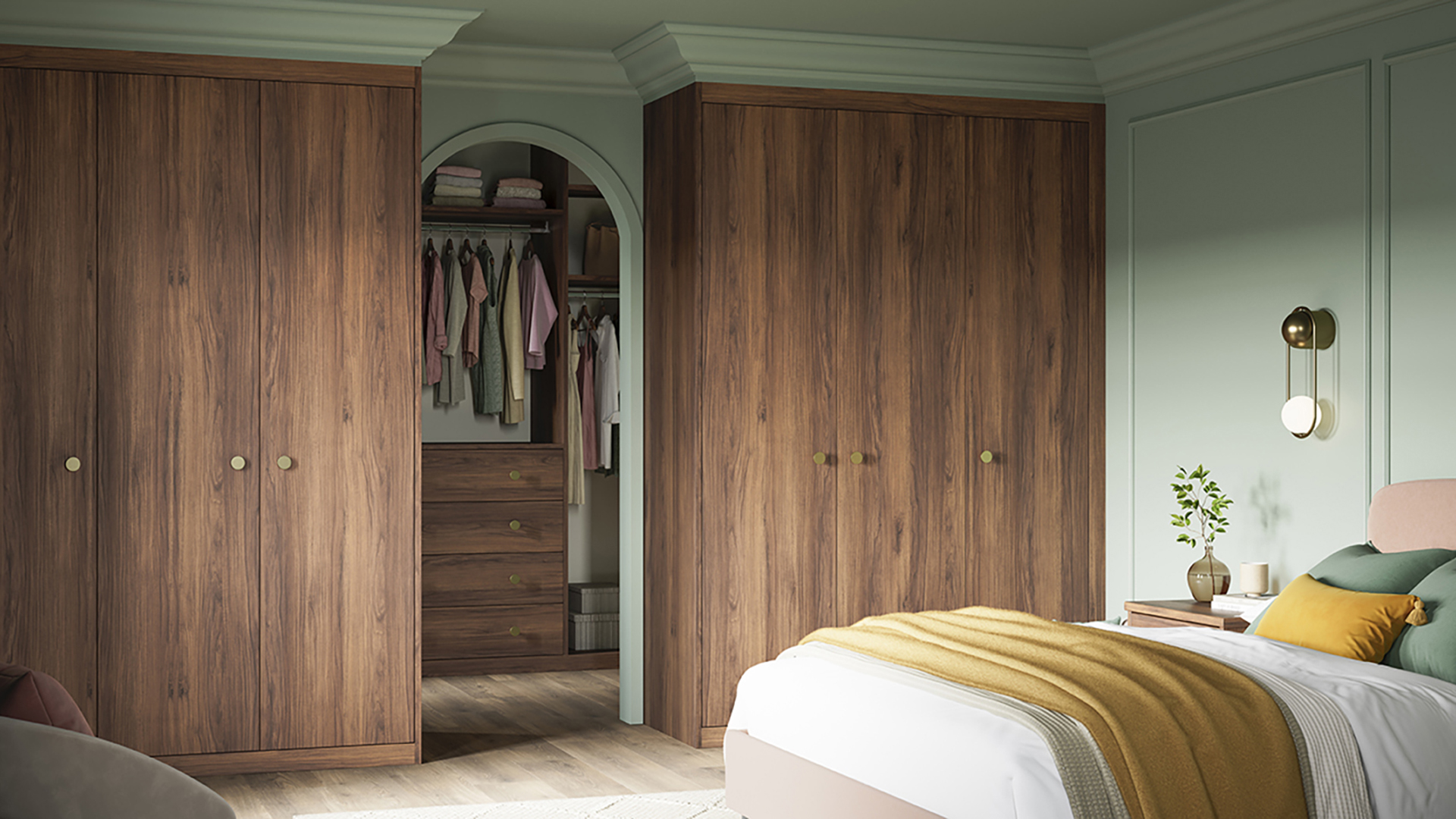 Warm-minimalist bedroom with fitted wardrobes