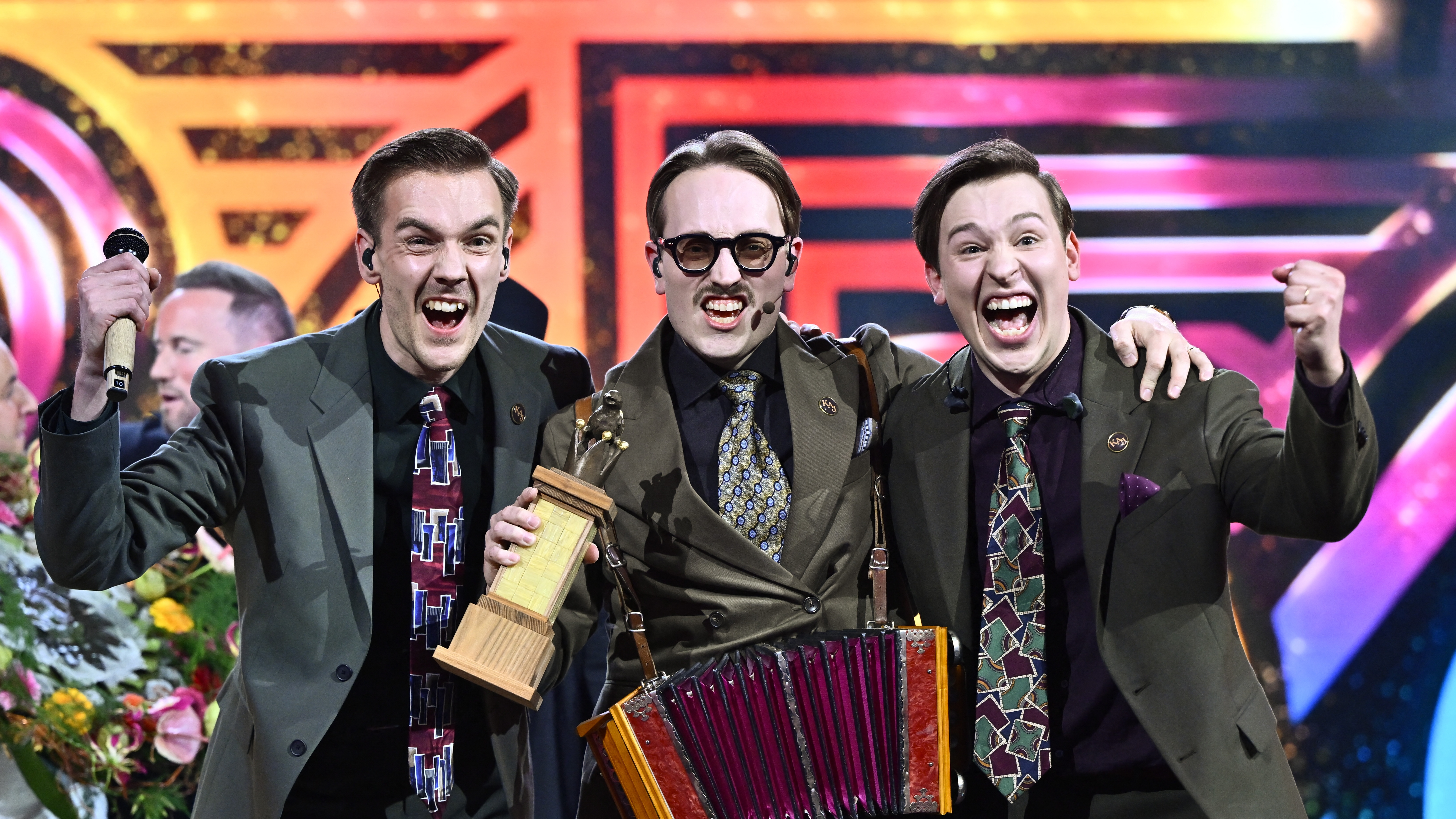 The music group KAJ celebrates after winning the final of the Melodifestivalen song contest with the song &quot;Bara bada bastu&quot; at the Strawberry Arena in Stockholm, Sweden, on March 8, 2025. KAJ will represent Sweden in the Eurovision Song Contest 2025 final in Basel, Switzerland in May 17.