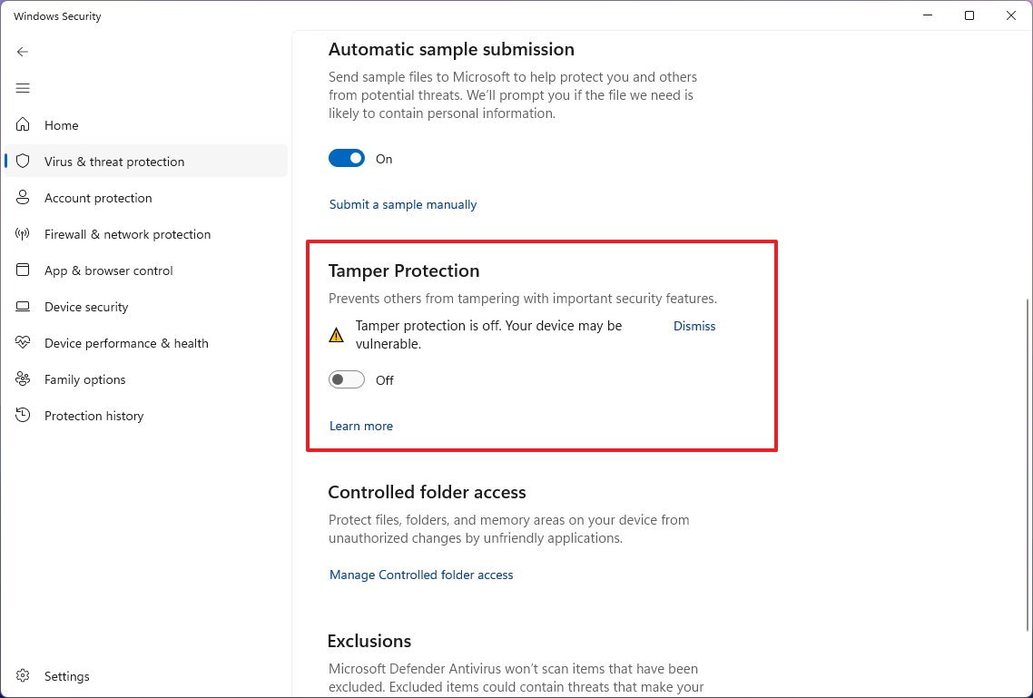 Microsoft Defender Antivirus disable tamper protection