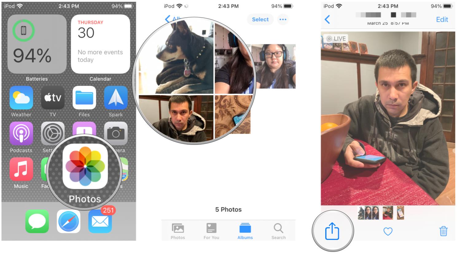 How to extract a still shot from a Live Photo by showing steps: Launch Photos, find your Live Photo, tap Share Button