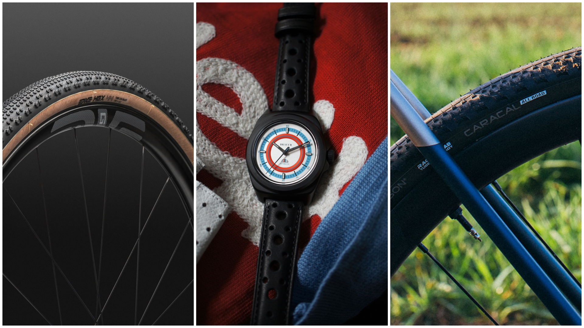 Tyres on the left and right and a watch in the middle