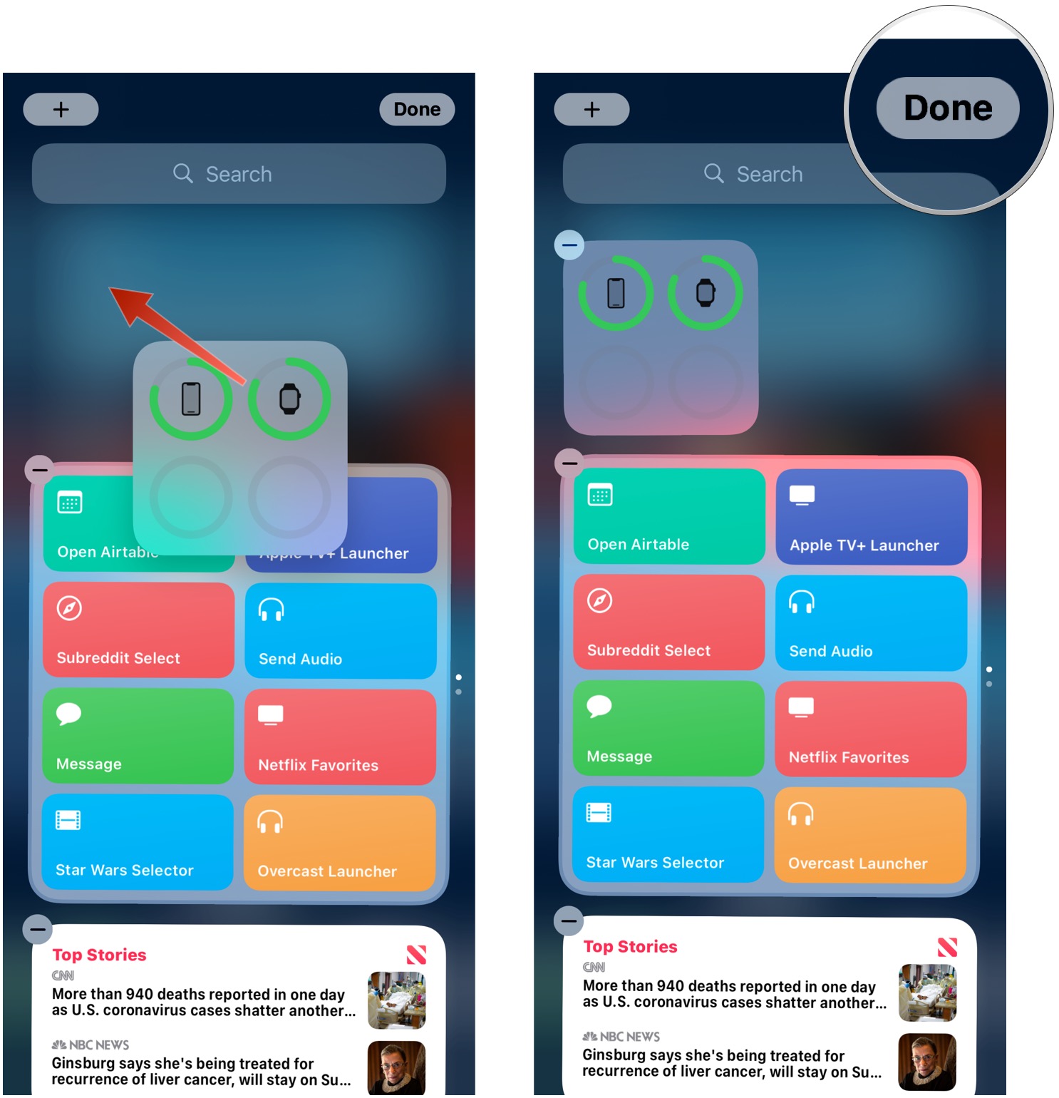 How to add a widget to the Today view, showing how to drag a widget to the Today view, then tap Done