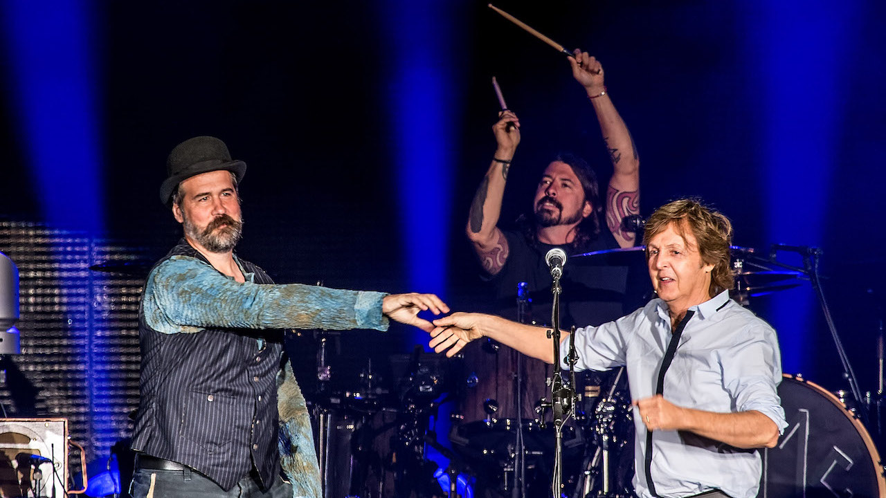 Paul McCartney, Krist Novoselic and Dave Grohl perform live at Safeco Field on July 19, 2013 in Seattle, Washington.