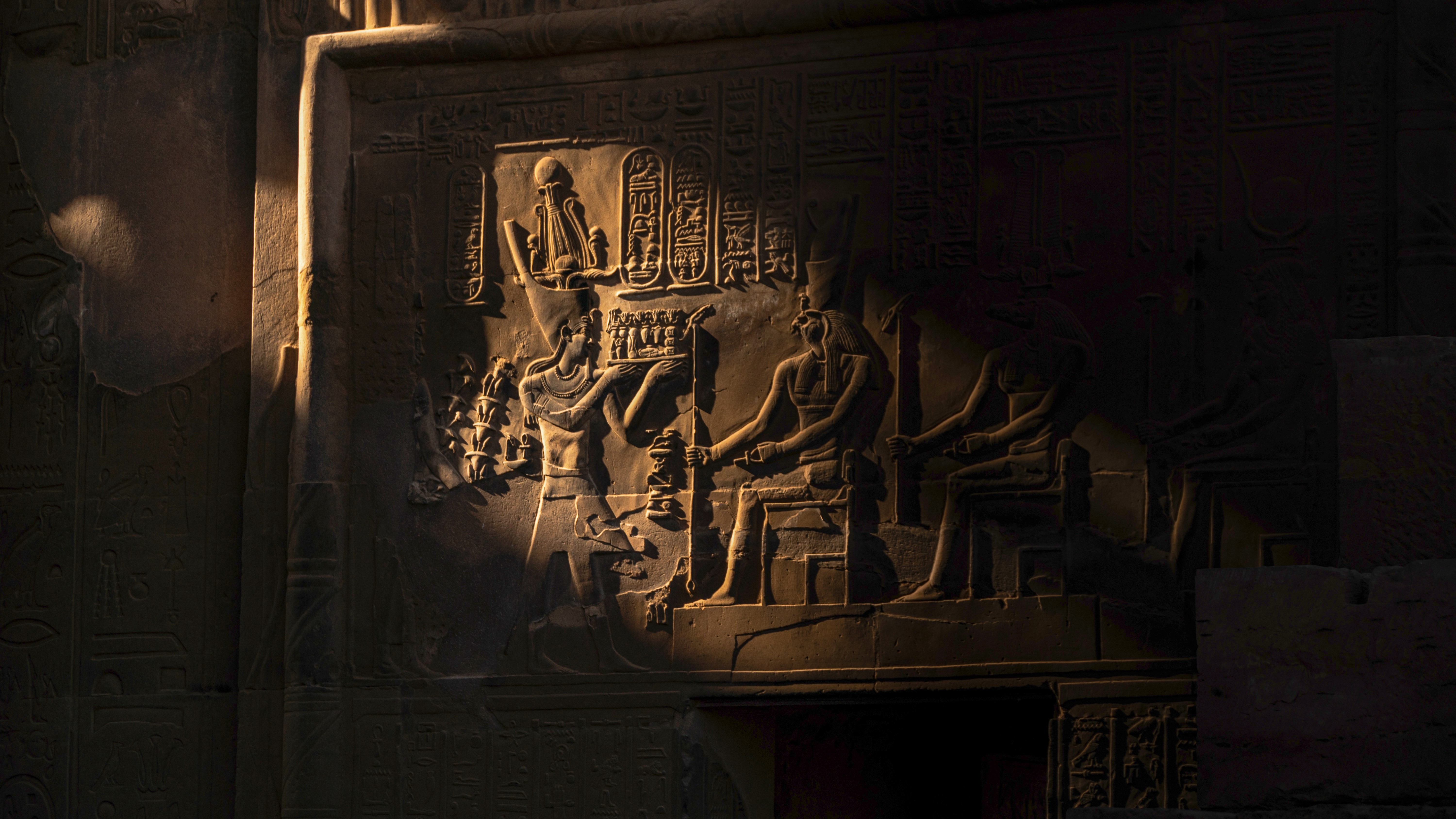 Hieroglyphics on an Egyptian wall.