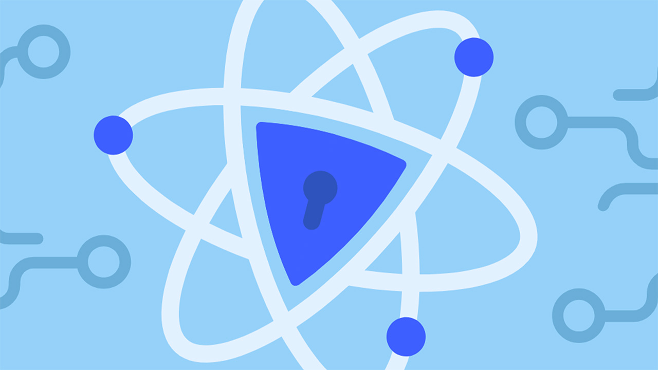 NordVPN post-quantum encryption graphic. There is a dark blue padlock surrounded by white circular lines, on a sky blue background