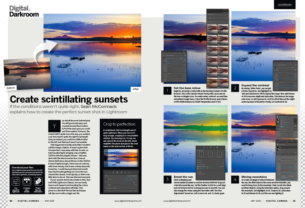 Image showing the Fundamentals tutorial in issue 294 (May 2025) of Digital Camera magazine, explaining how to improve sunset photographs using Adobe Lightroom