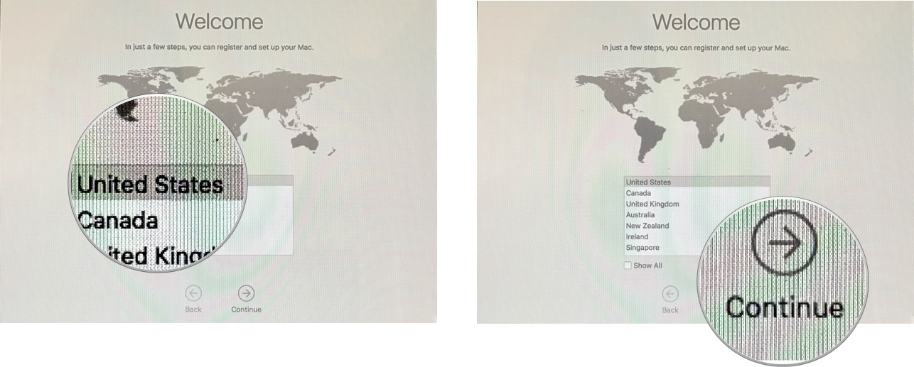Set up your new Mac by showing: Select a country, then click continue