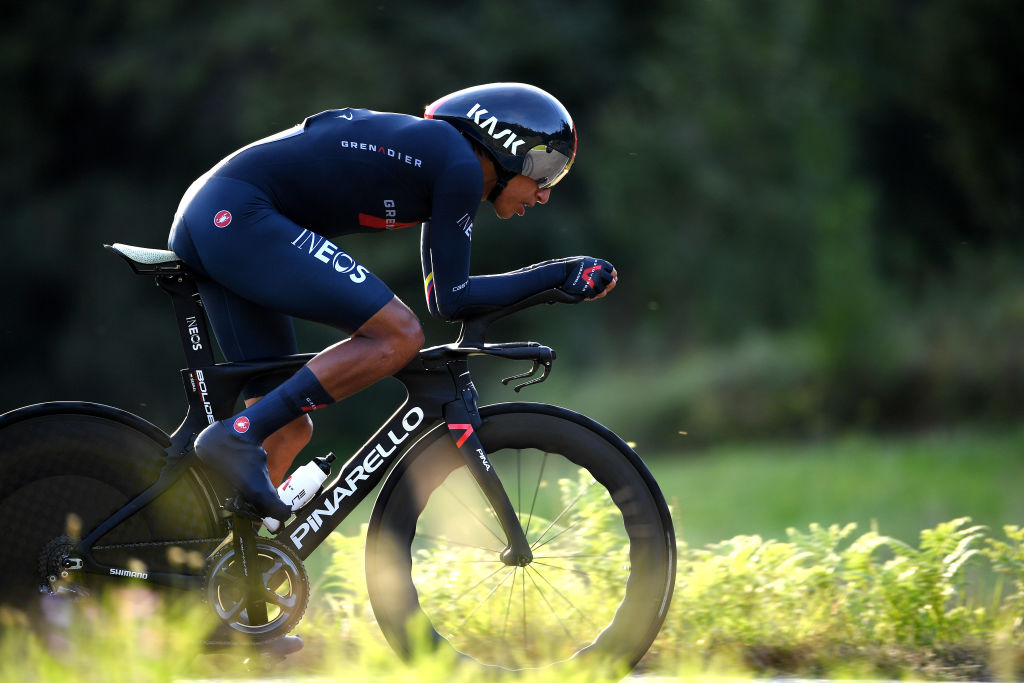 SANTIAGO DE COMPOSTELA SPAIN SEPTEMBER 05 Egan Arley Bernal Gomez of Colombia and Team INEOS Grenadiers sprints during the 76th Tour of Spain 2021 Stage 21 a 338 km Individual Time Trial stage from Padrn to Santiago de Compostela lavuelta LaVuelta21 ITT on September 05 2021 in Santiago de Compostela Spain Photo by Tim de WaeleGetty Images