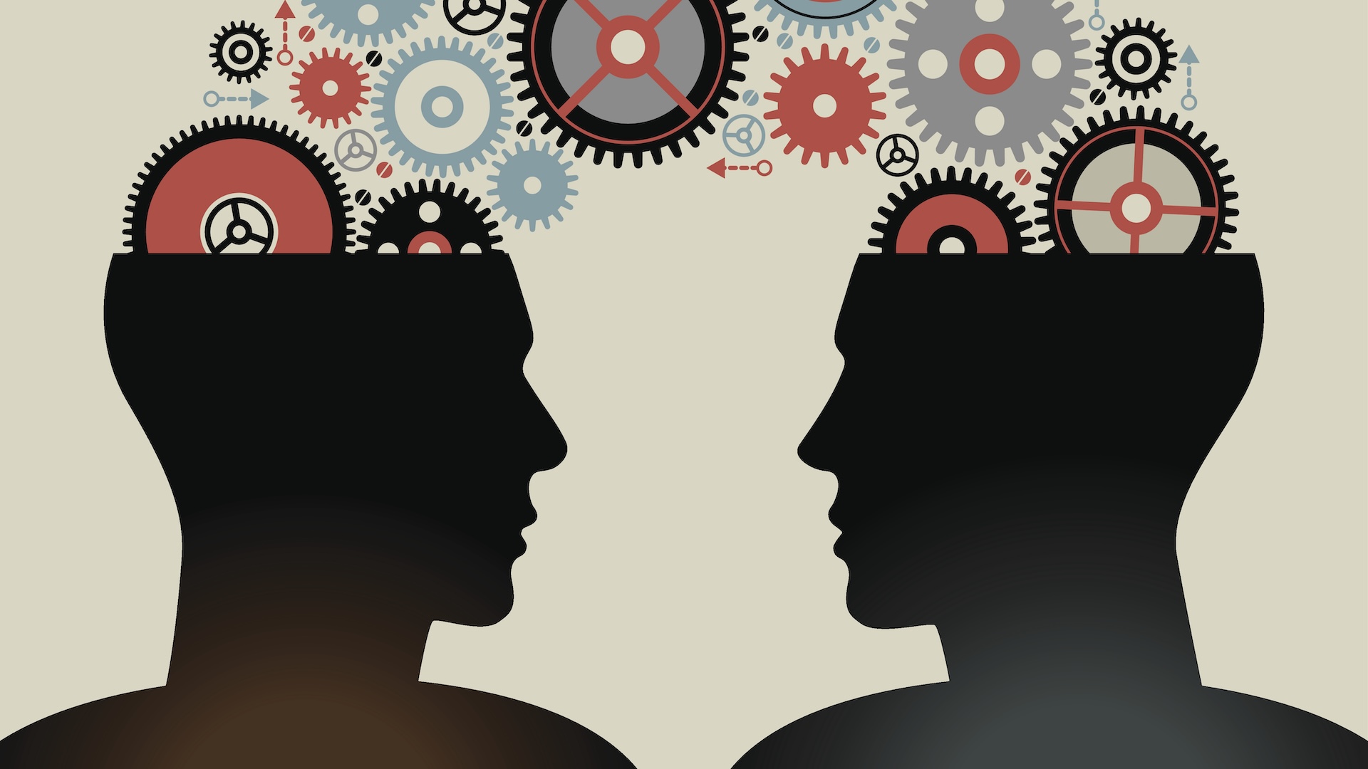 an illustration with two silhouettes of faces facing each other, with gears in their heads