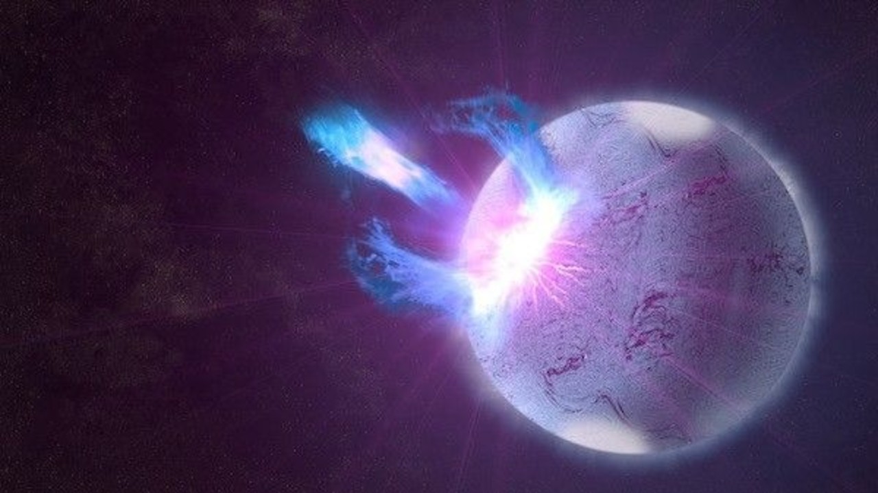 a purple-white flare erupts from the surface of a mottled white and grey orb on a black background