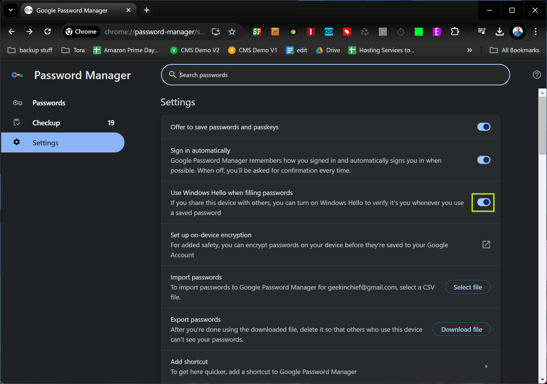 Toggle use WIndows Hello to off