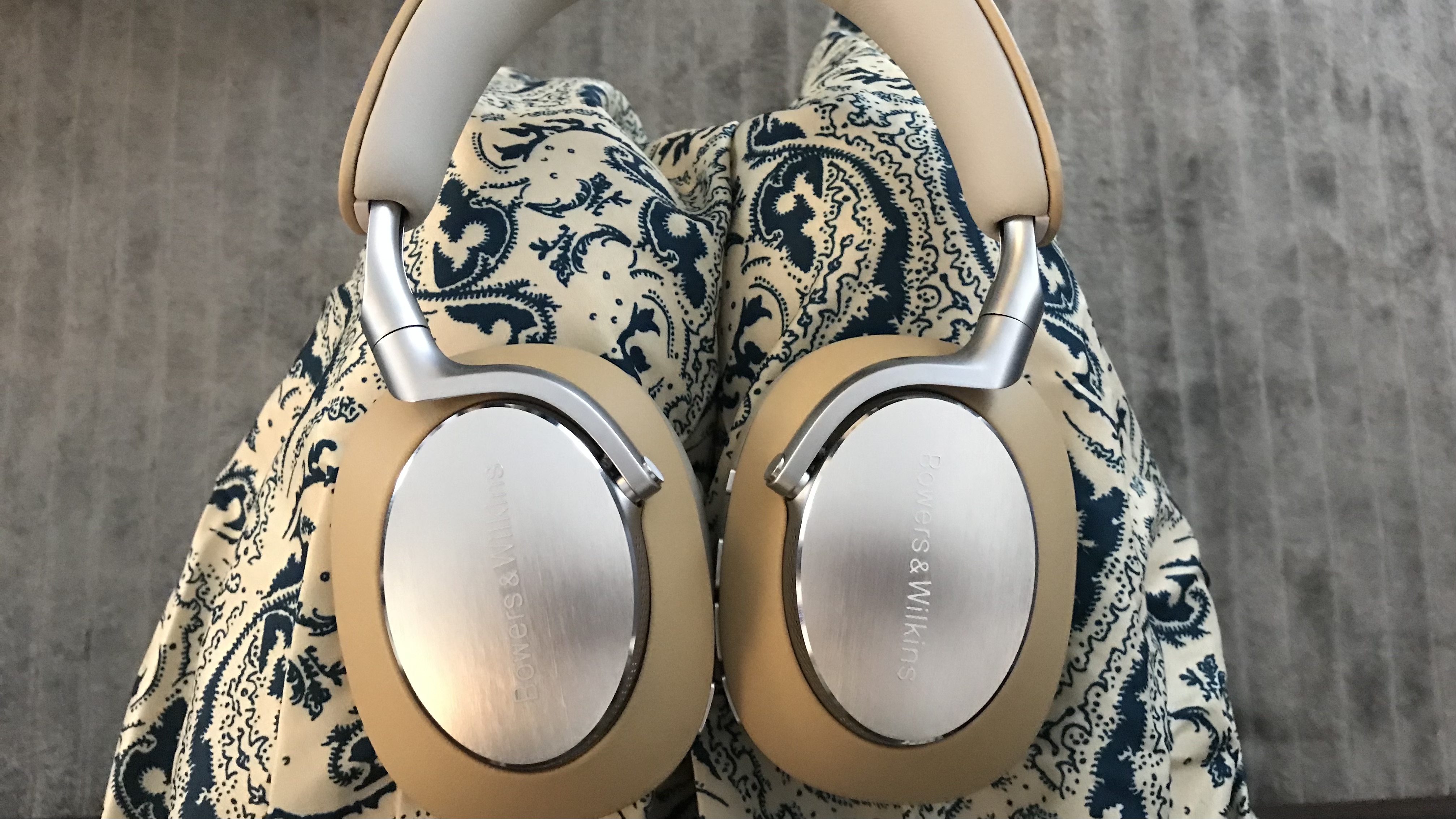 Bowers & Wilkins PX8 in tan on beige background