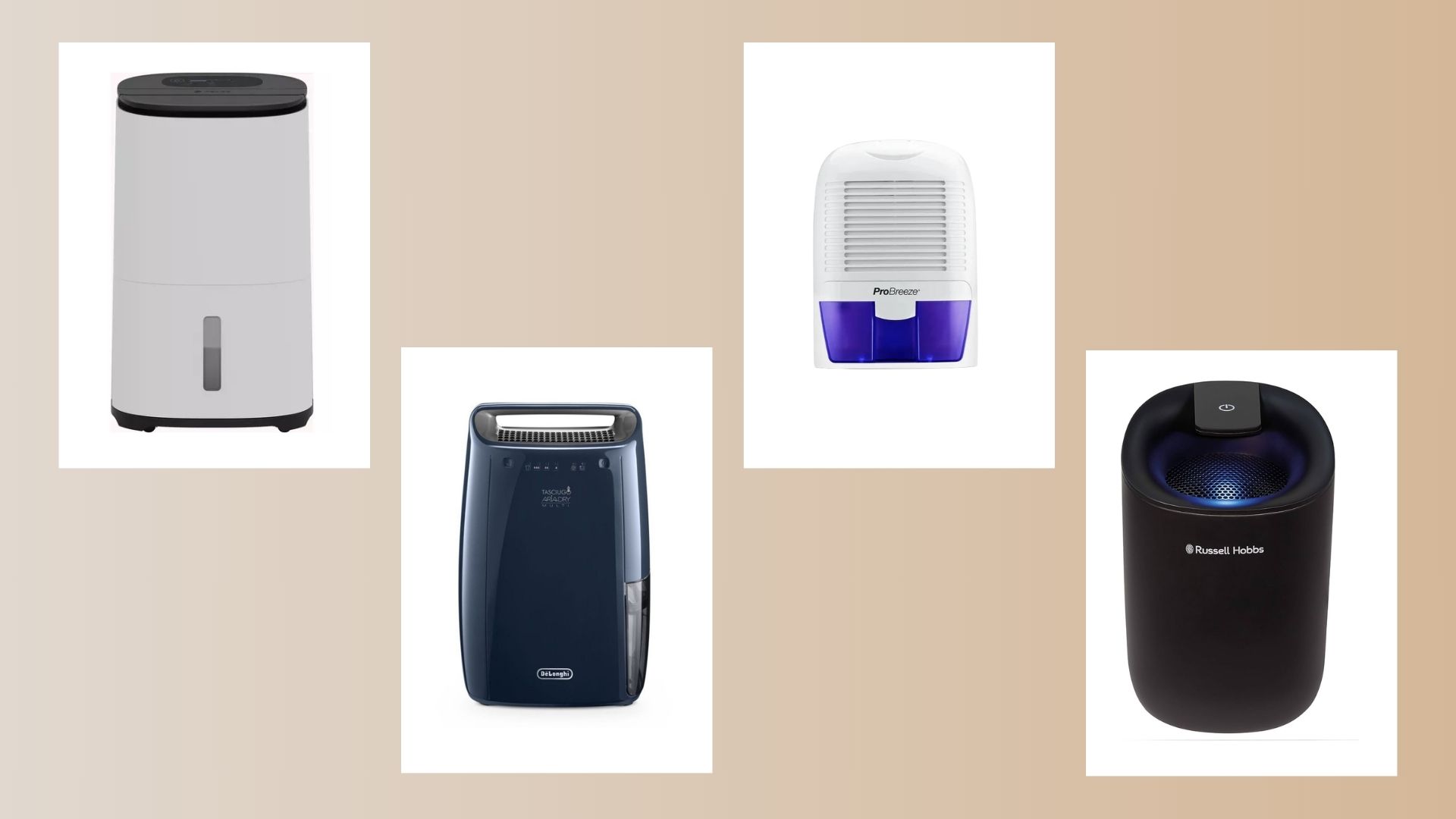The best dehumidiifers: ProBreeze Mini Dehumidifier, De&#039;Longhi Tasciguo AriaDry, Russell Hobbs Fresh Air Pro and the MeacoDry Arete One on a woman&amp;home background
