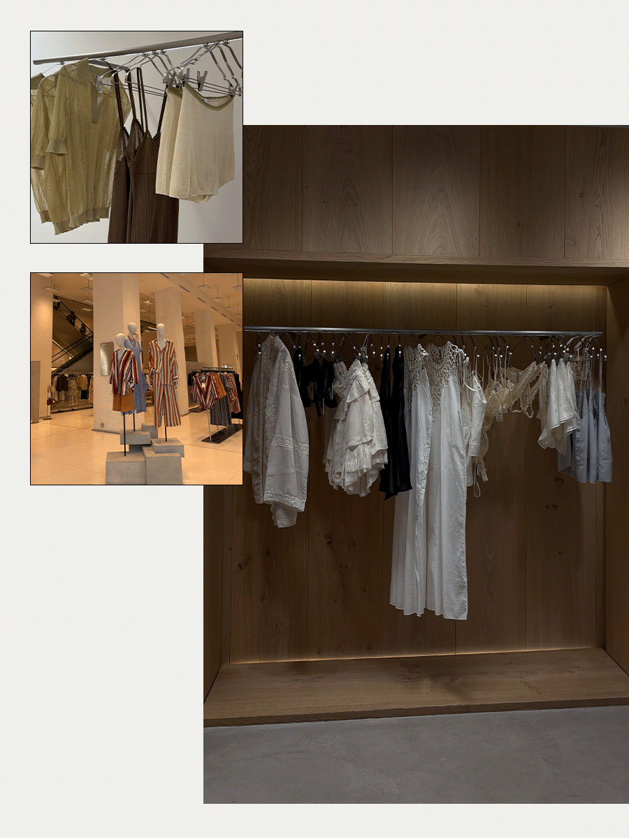 Photos of Who What Wear editor Ana Escalante trying on different Zara summer items in Zara Spain fitting room while visiting Madrid.