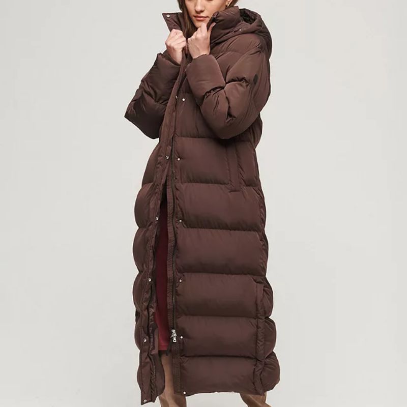 long maxi puffer coat in coffee bean colourway