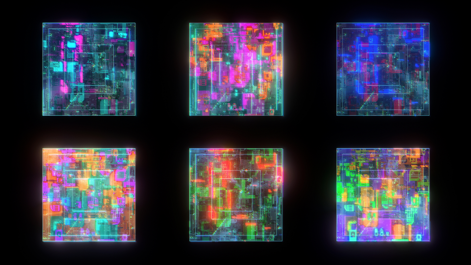 Futuristic CPU design elements on black background. Six items set.