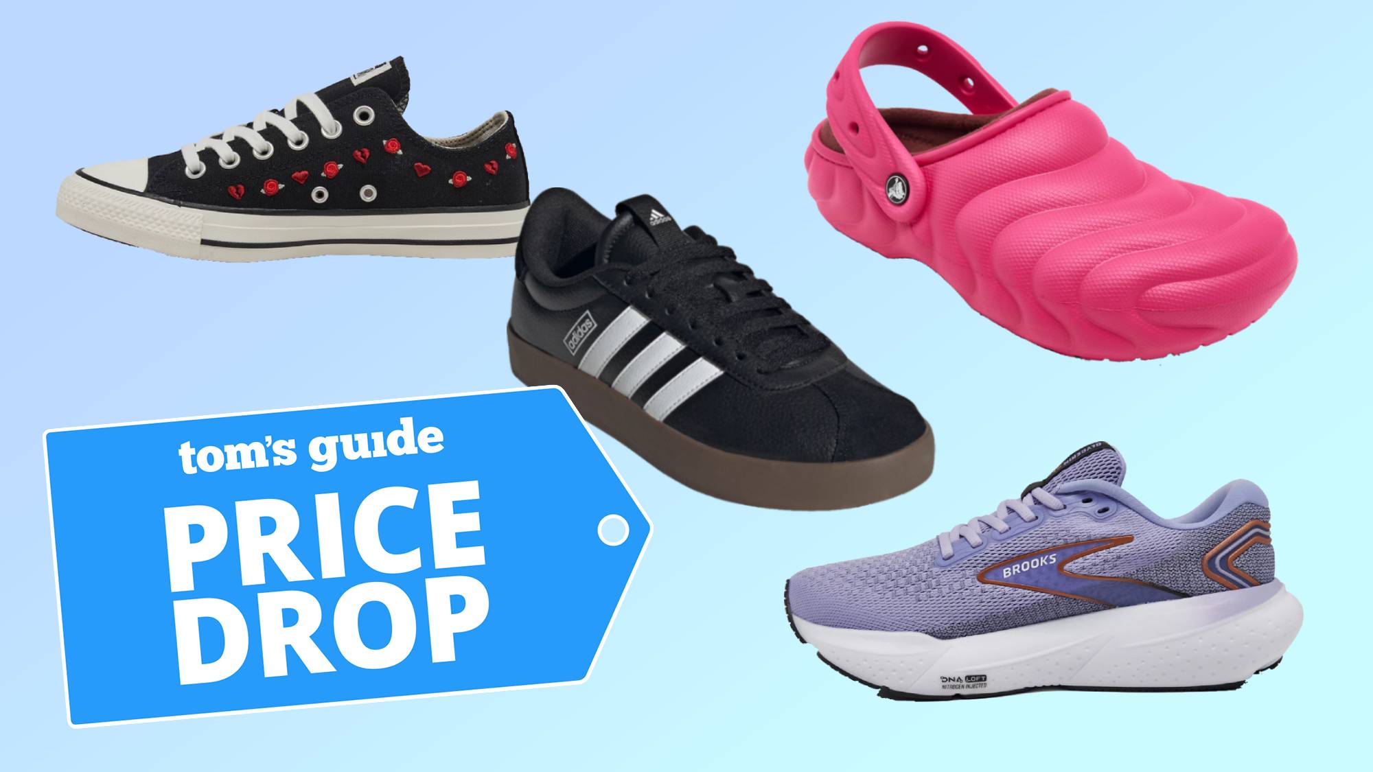 Compilation featuring Converse sneakers, Adidas sneakers, Crocs, Brooks running shoes