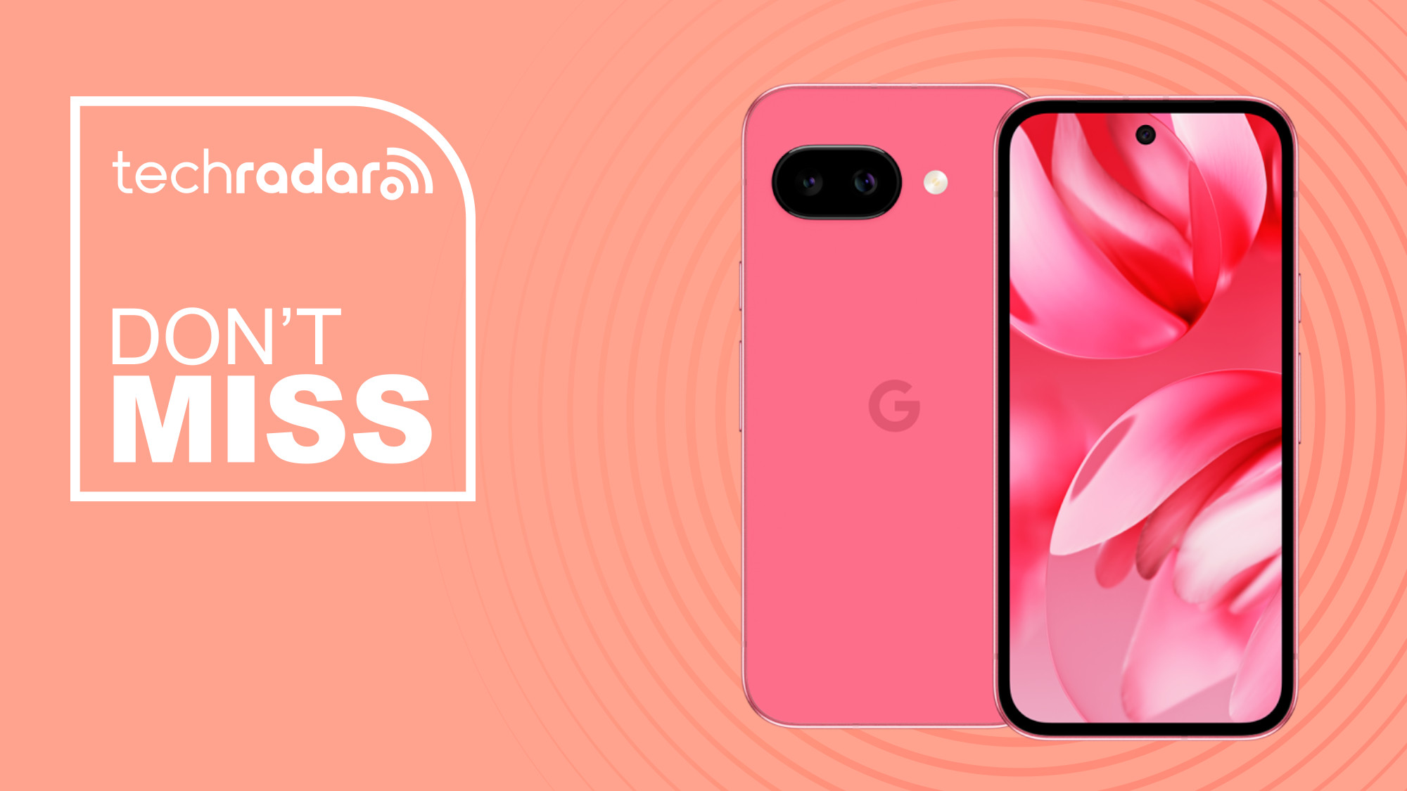 Google Pixel 9a on peach background with don&#039;t miss text overlay