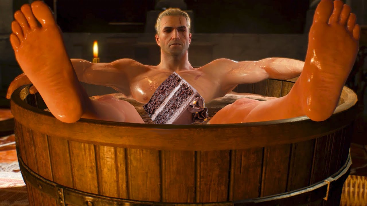 Tub Geralt with a cake