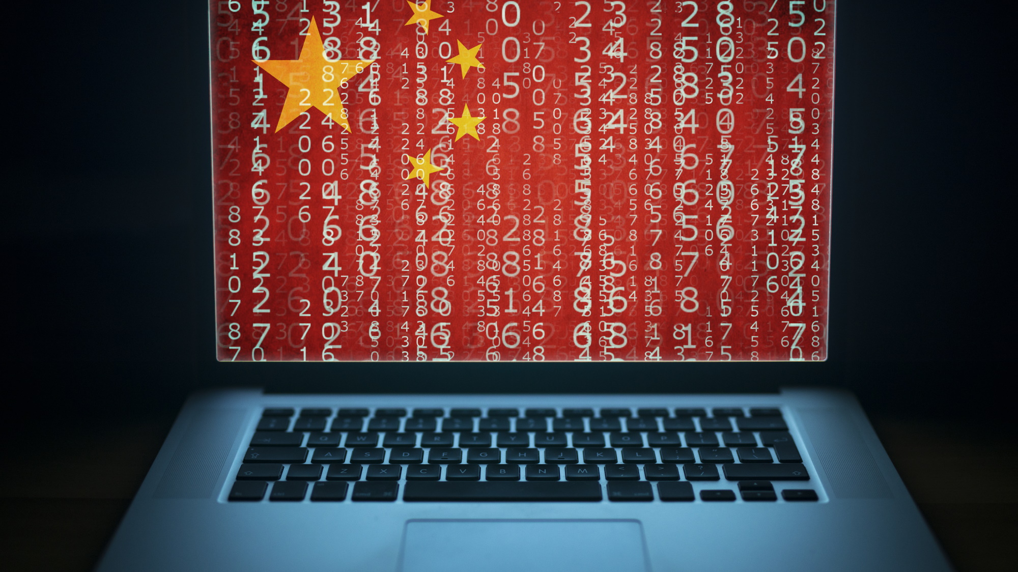 China's flag overlays laptop screen