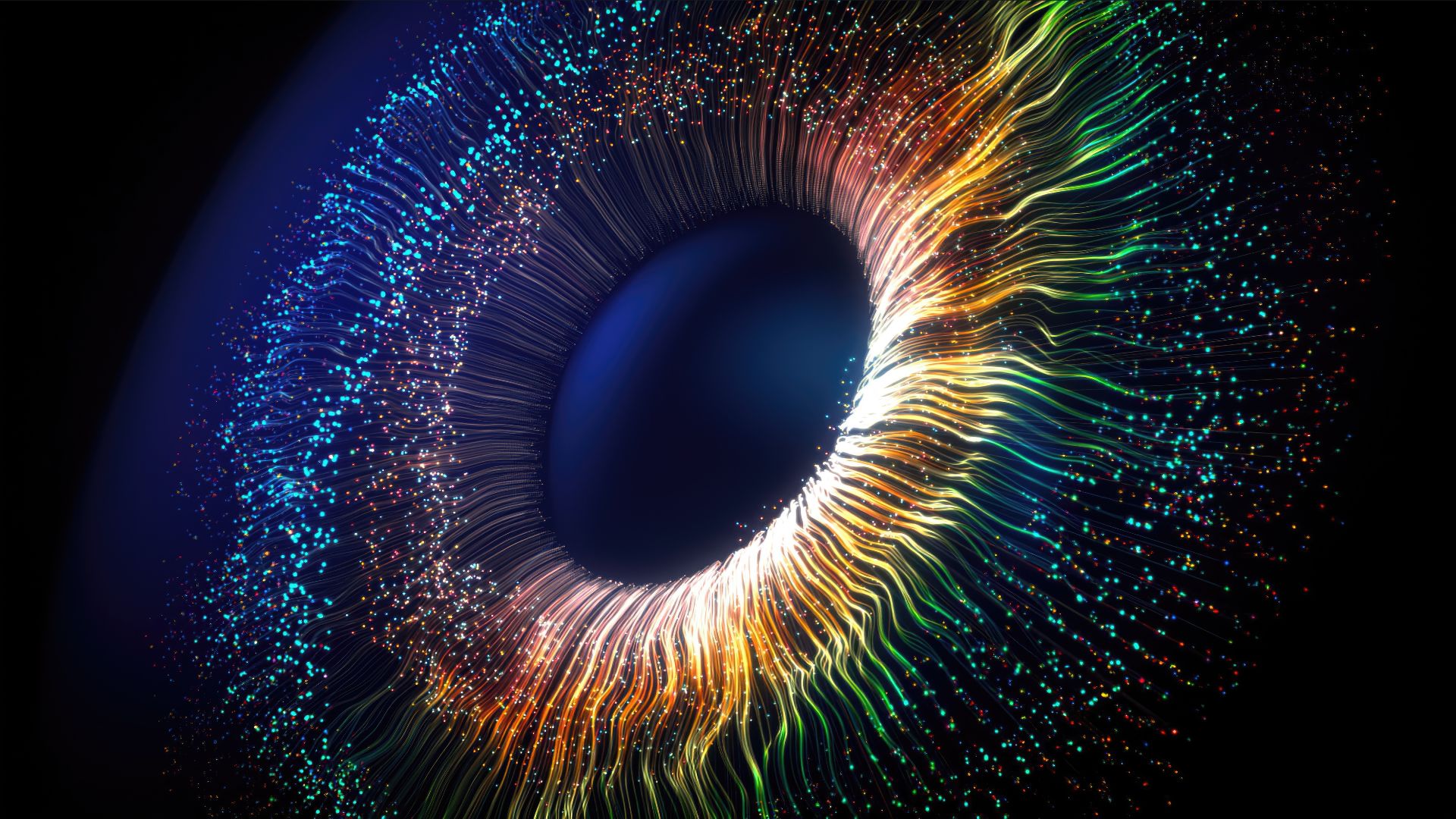 An illustration of colorful lines converging to make the shape of a human iris and pupil