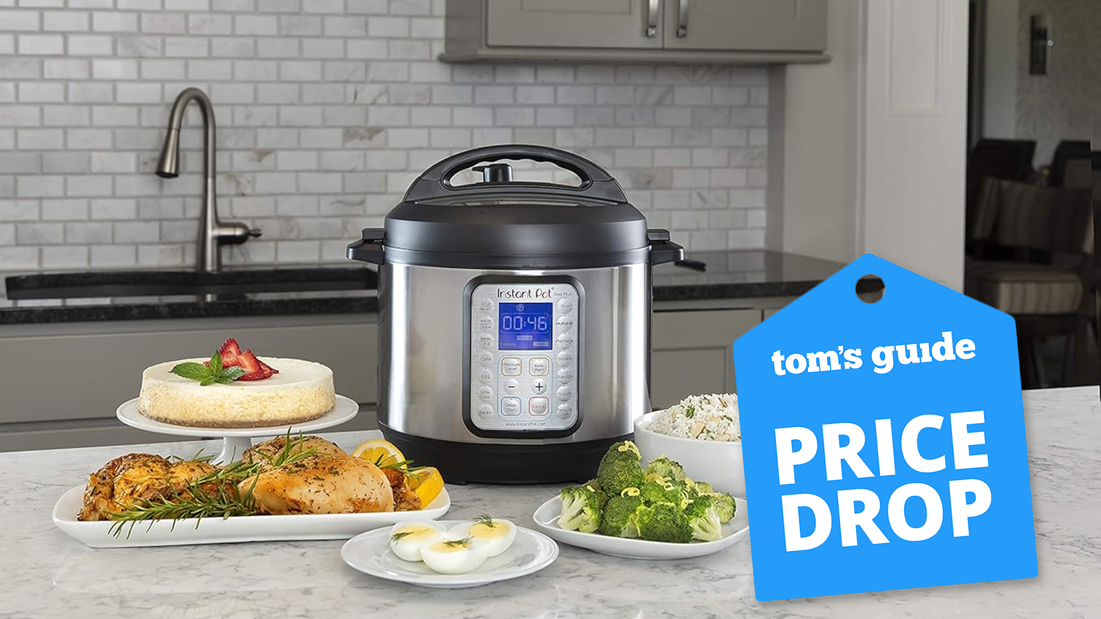 the instant pot duo plus with food surrounding it with a tom&#039;s guide deals badge