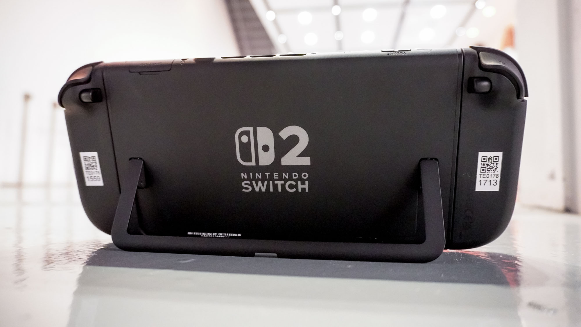 A rear shot of the Nintendo Switch 2 with its kickstand down