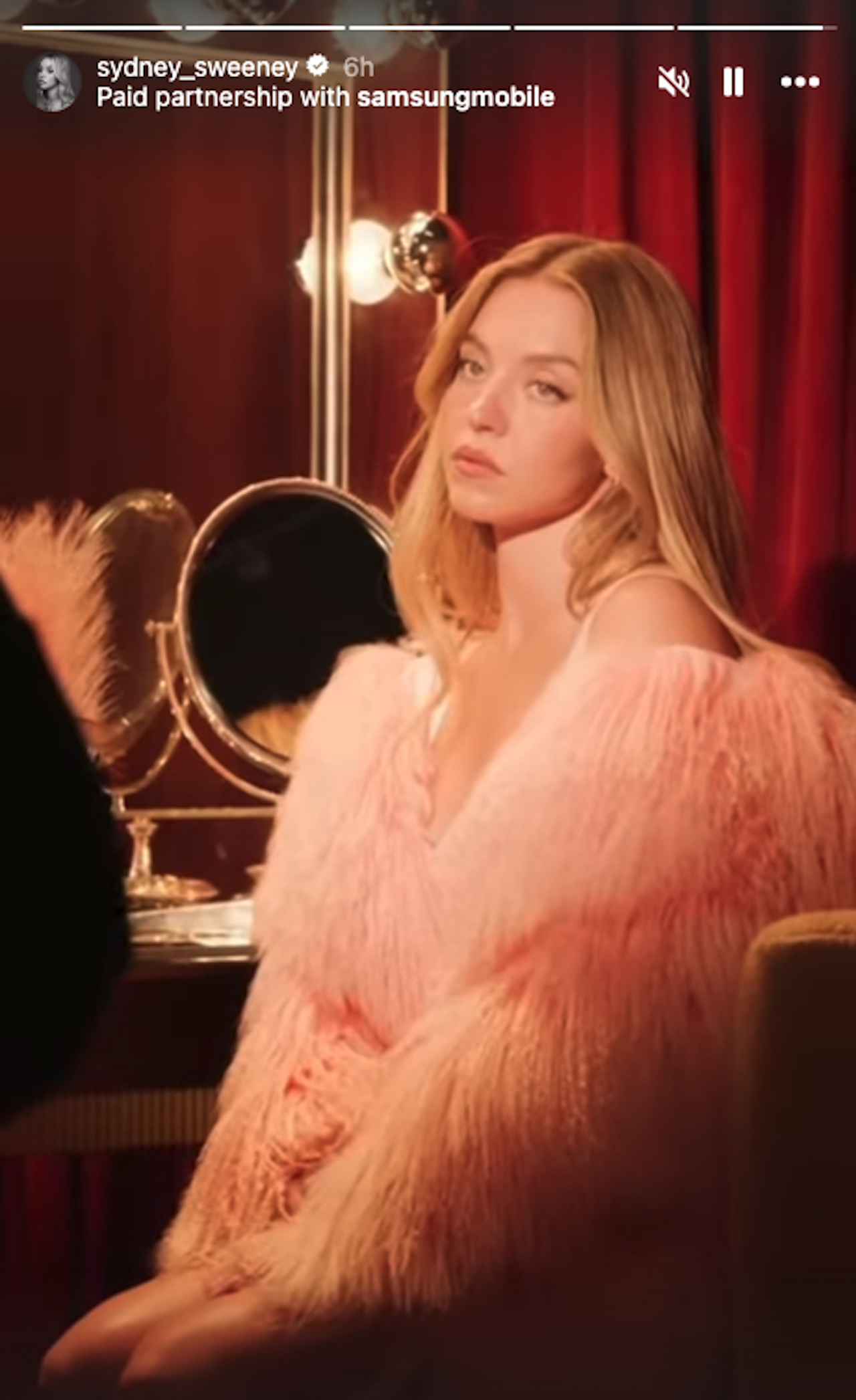 Sydney Sweeney in pink on Instagram on 5/9/2025 for Samsung Mobile Ad