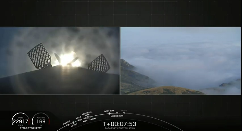 A view of the landing burn by a SpaceX Falcon 9 rocket as it returns to Earth following the successful launch of three Earth-observing Radarsat satellites for Canada on June 12, 2019. Launch and Landing occurred at California's Vandenberg Air Force Base.