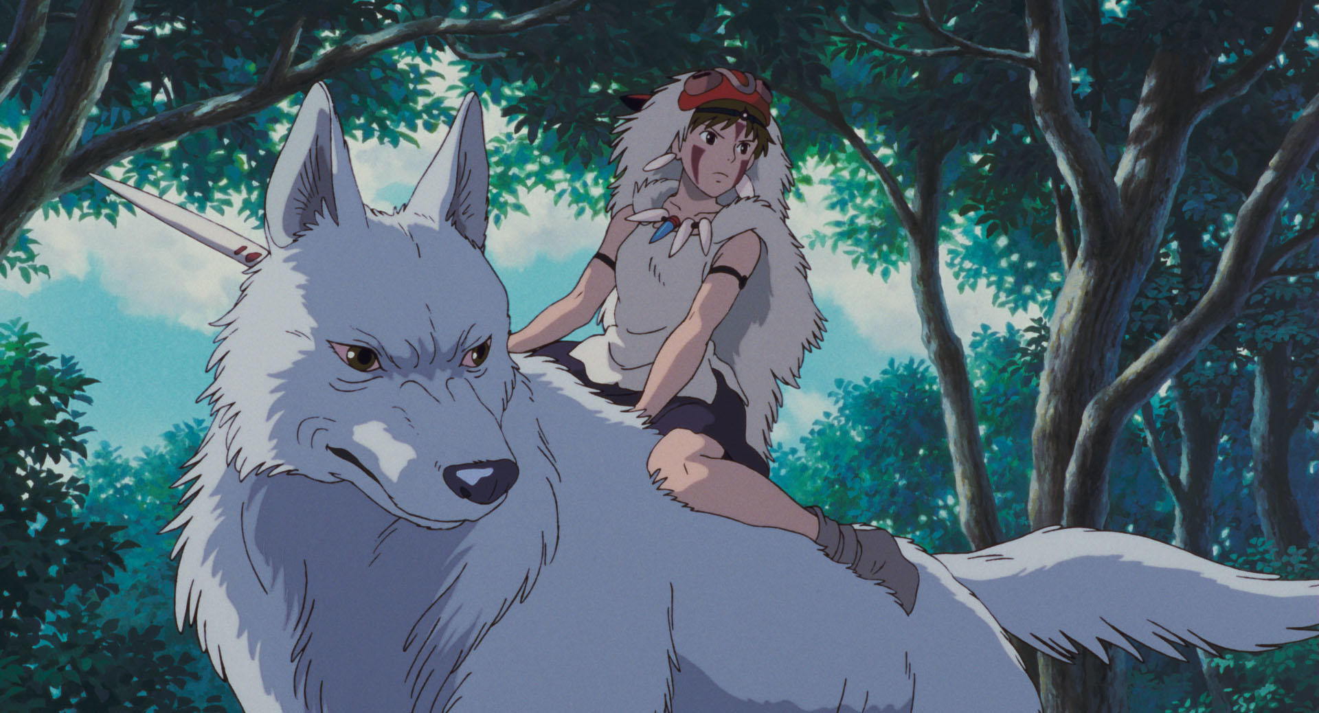 The titular character from Princess Mononoke is depicted riding the wolf goddess Moro and carrying a spear.