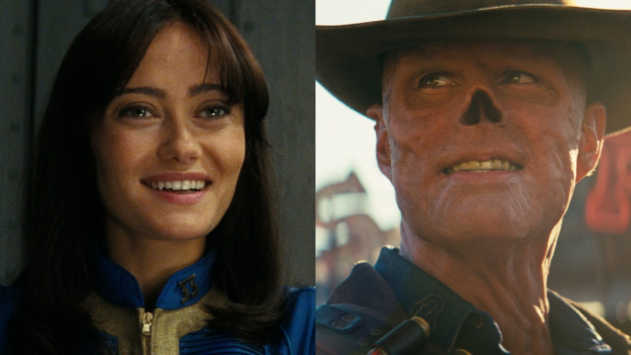 From left to right: Ella Purnell as Lucy in Fallout smiling and Walton Goggins as the Ghoul smiling in Fallout.