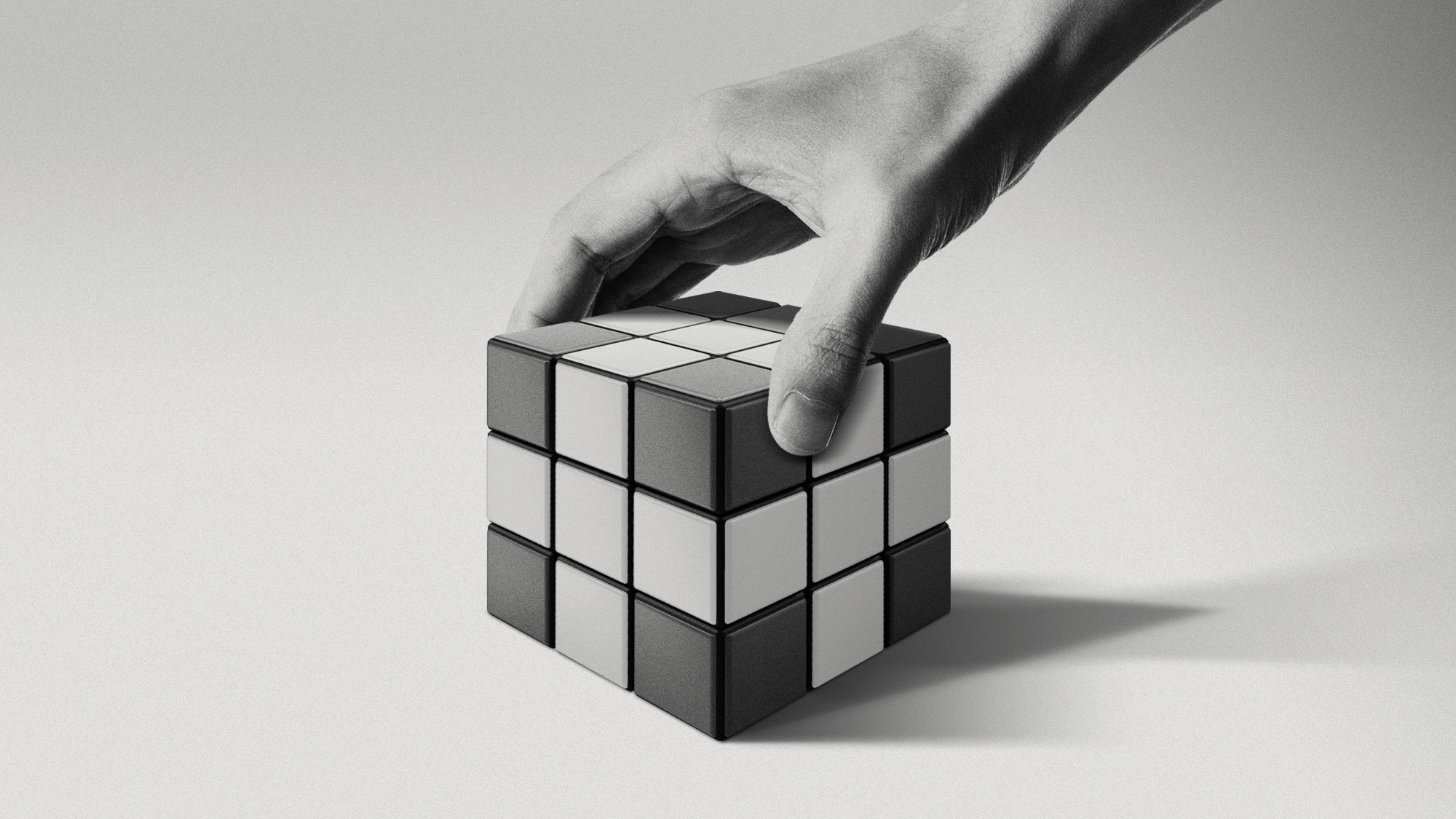 Illustration of a hand reaching to rearrange a Rubik's Cube with cross-shaped patterns on its sides