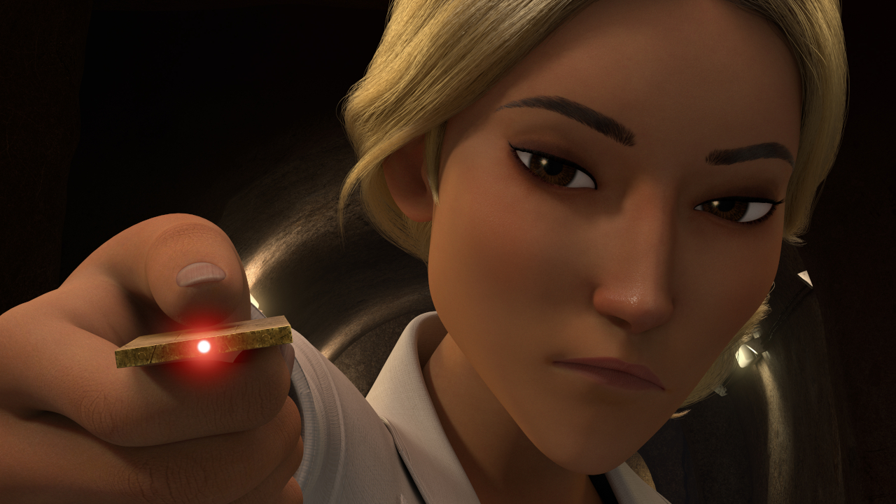 Soyona Santos menacingly aims her laser pointer in Jurassic World: Chaos Theory. 