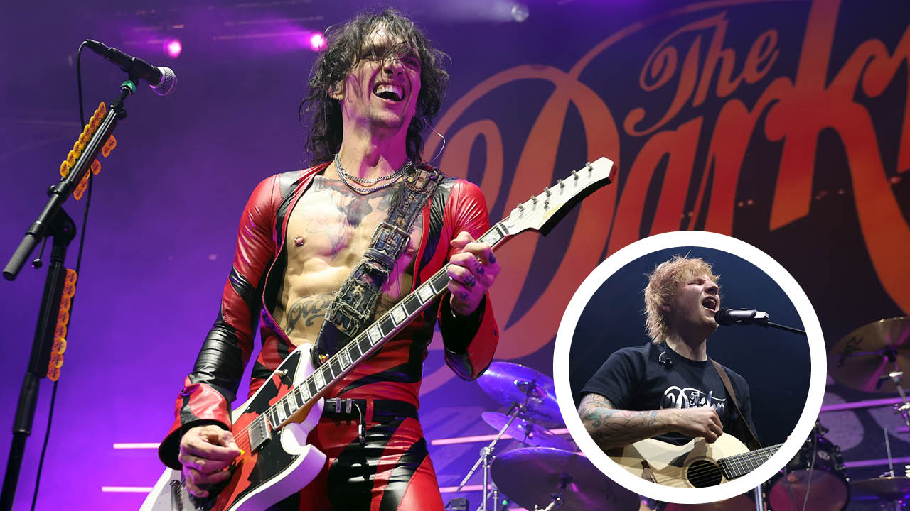 Justin Hawkins of the Darkess onstage in London with an inset of Ed Sheeran