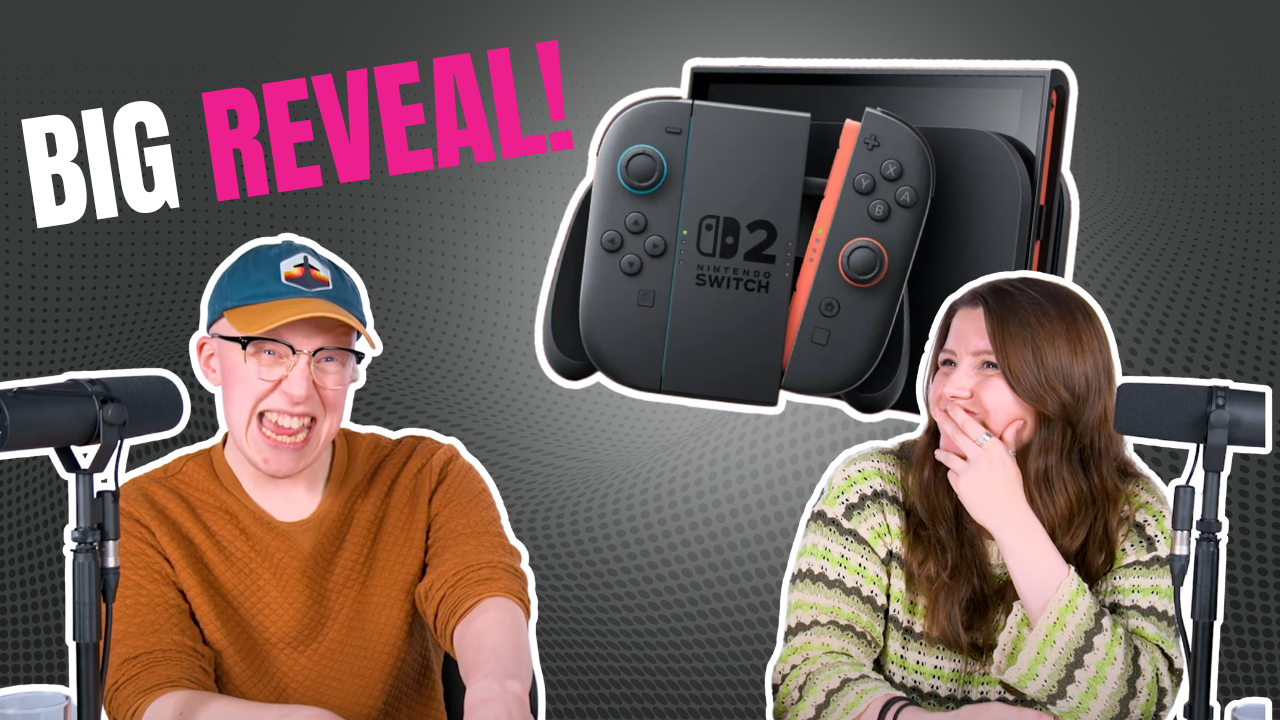 Nintendo Switch 2 next to two TechRadar journalists reacting, with the words &quot;Big reveal&quot;