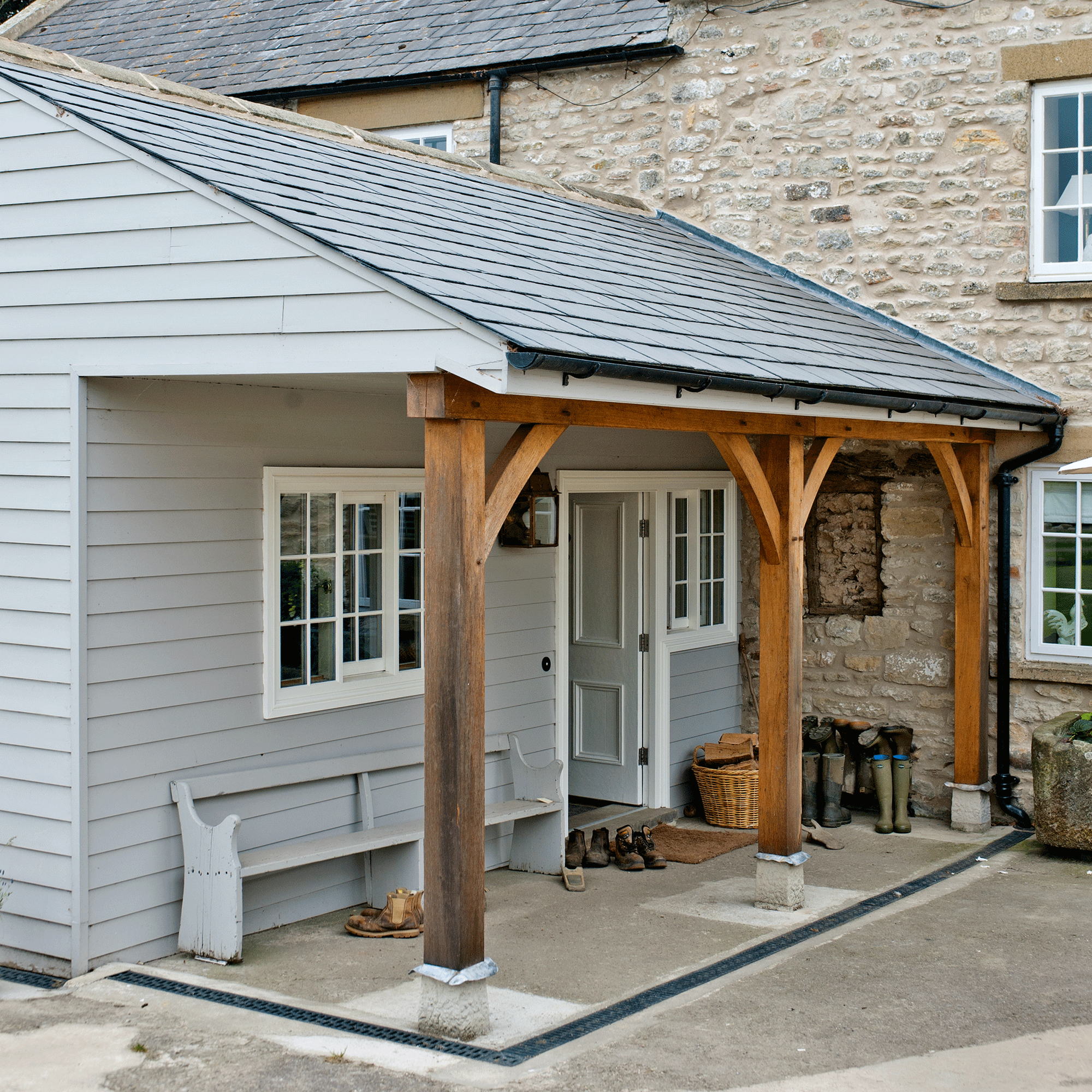Long grey and wooden porch 