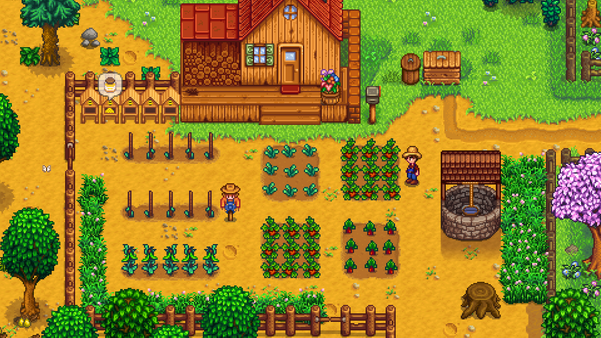 Stardew Valley screenshot showing a player's farm, farmhouse, and nearby well