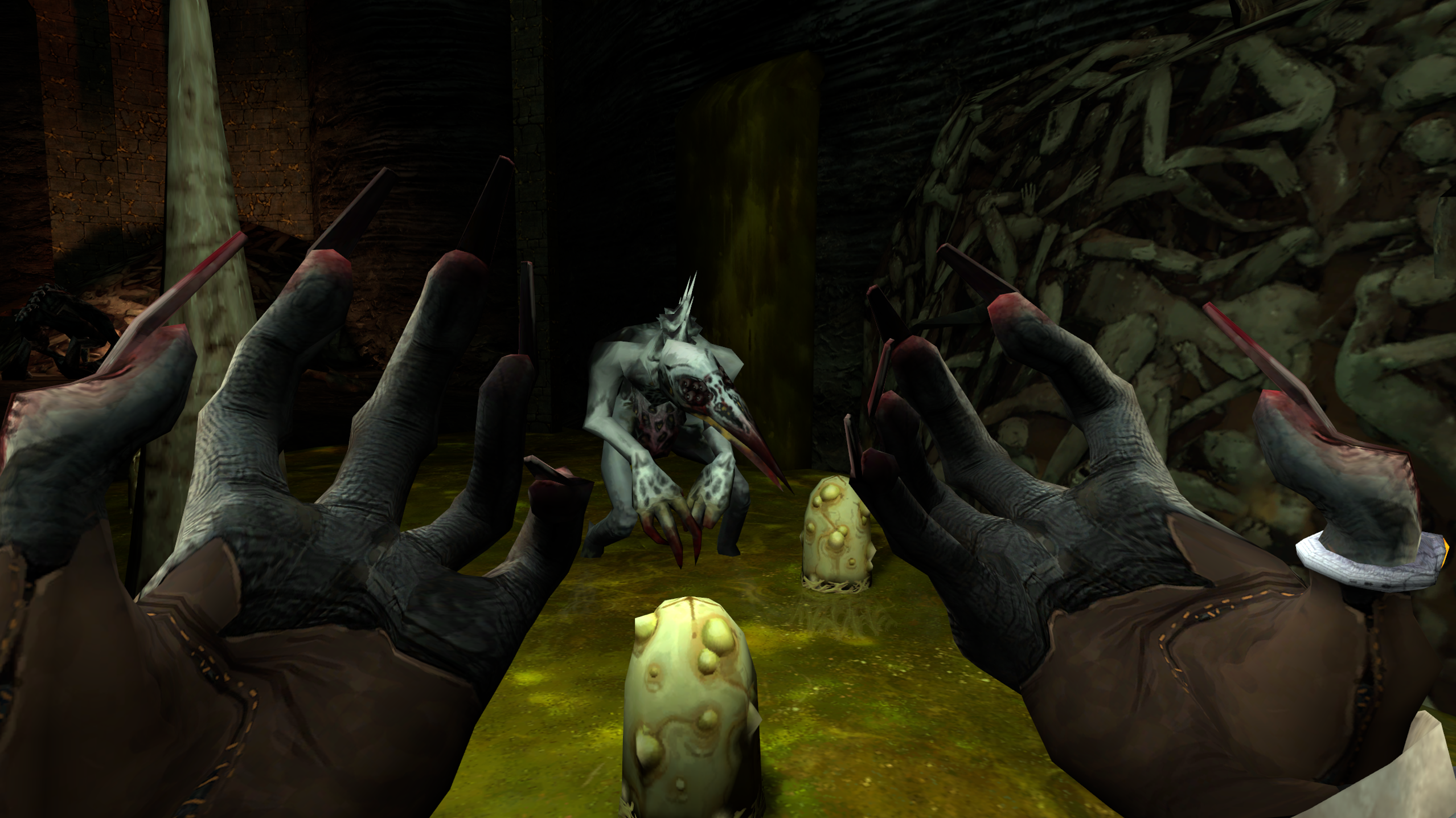 A screenshot of Gloomwood from first-person perspective, in which the doctor holds up his clawed hands in front of his face as he transforms into a beast, while a Crowman crouches on the ground in front of him.