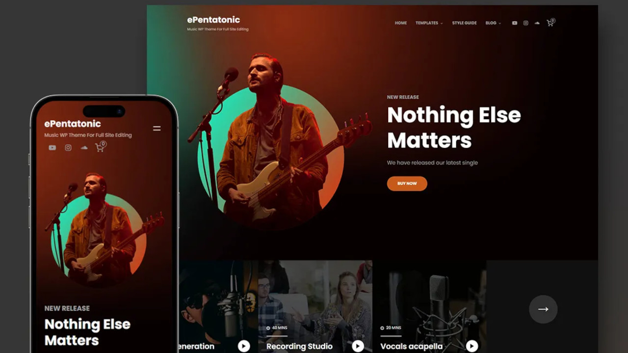 The image shows the ePentatonic template for WordPress featuring a man playing a guitar while facing a mic on stage. The shot shows the desktop and mobile versions on the template.